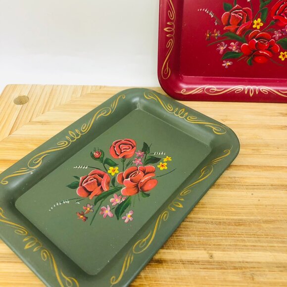 Vintage Green Red Metal Tole Set of 3 Tip Jewelry Trinket Tray Floral - Picture 2 of 5